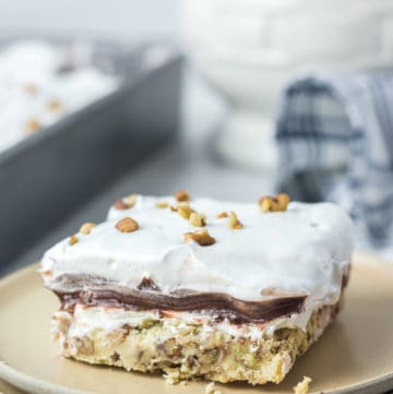 chocolate delight dessert slice on a plate.