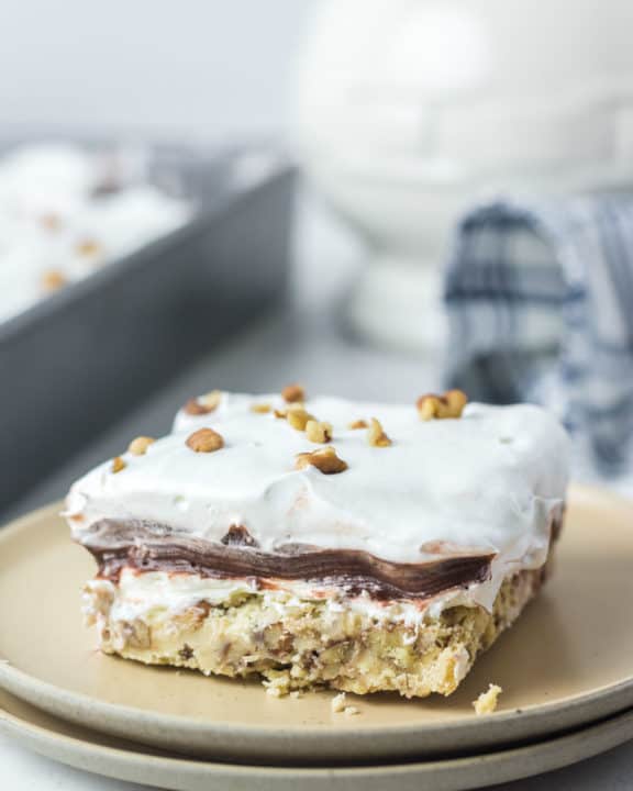 chocolate delight dessert slice on a plate.