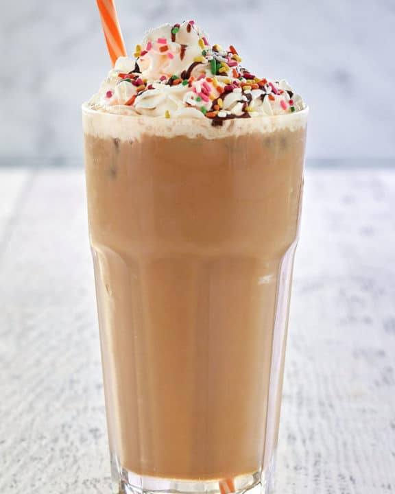 copycat Dunkin Donuts iced cake batter latte drink.