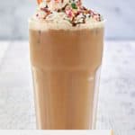 homemade Dunkin Donuts iced cake batter latte in a glass.