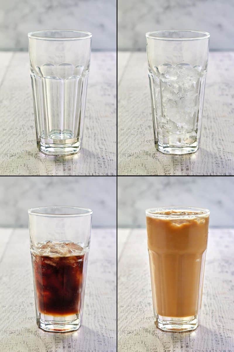 collage of dunkin iced cake batter latte recipe steps 1 thru 4.