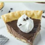 homemade chocolate pie slice on a plate.