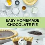 chocolate pie ingredients and a slice of the pie.