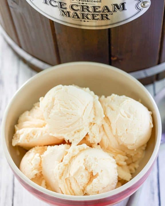 homemade French vanilla ice cream and an ice cream machine.