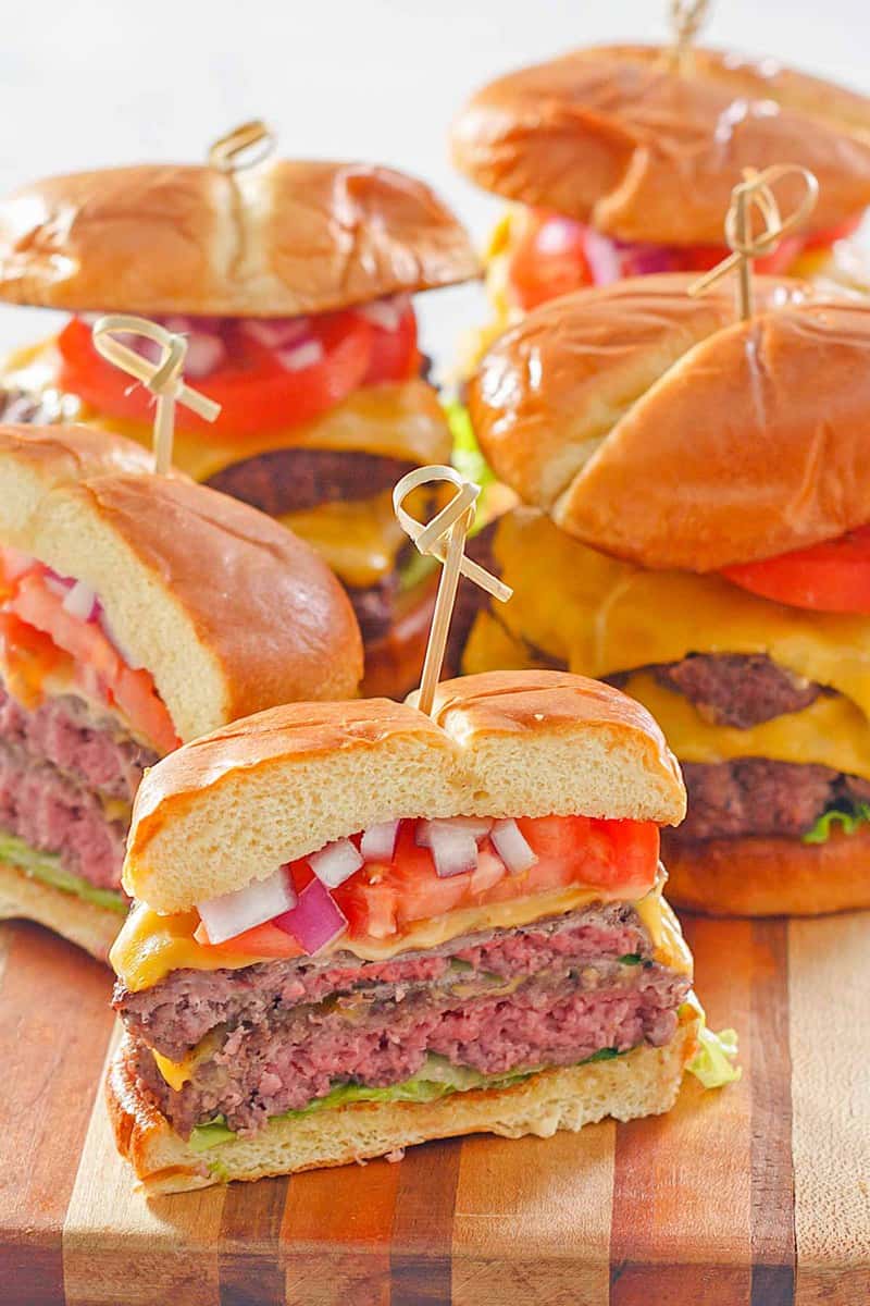 homemade double garlic cheeseburgers.