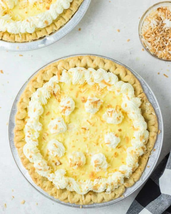 overhead view of copycat Marie Callender's coconut cream pies.