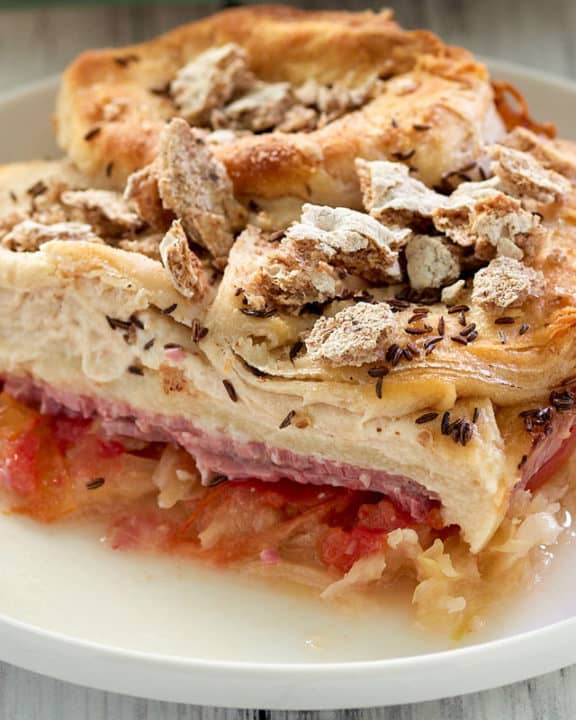 reuben casserole on a white plate.