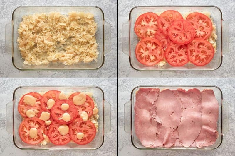 collage of reuben casserole steps 1 to 4.