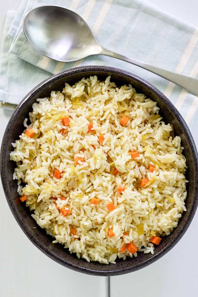 overhead view of homemade rice pilaf in a bowl.