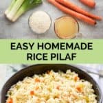 rice pilaf ingredients and the finished dish.
