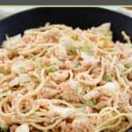 cold shrimp pasta salad in a bowl.