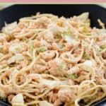 a bowl of cold shrimp pasta salad.
