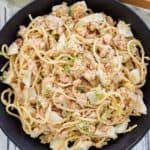 overhead view of cold shrimp pasta salad.