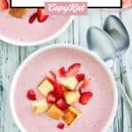 chilled strawberry soup with strawberries and pound cake croutons.
