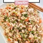 Thai chicken fried rice on a white platter.