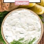 overhead view of a bowl of homemade Arby's tzatziki sauce.