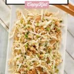 overhead view of crunchy Asian slaw on a platter.