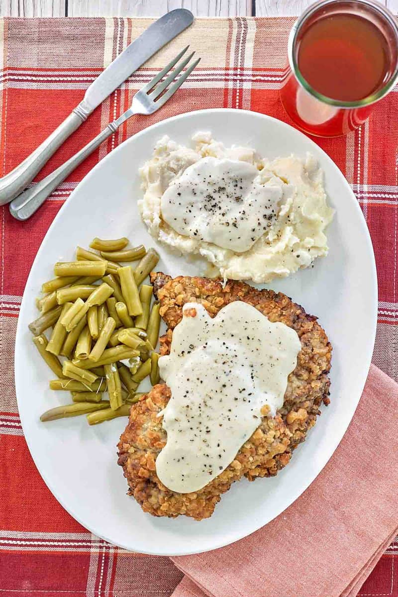 overhead view of copycat Cracker Barrel country fried steak.