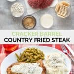 Cracker Barrel country fried steak ingredients and finished dish.