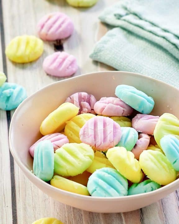 homemade cream cheese mints in a bowl.