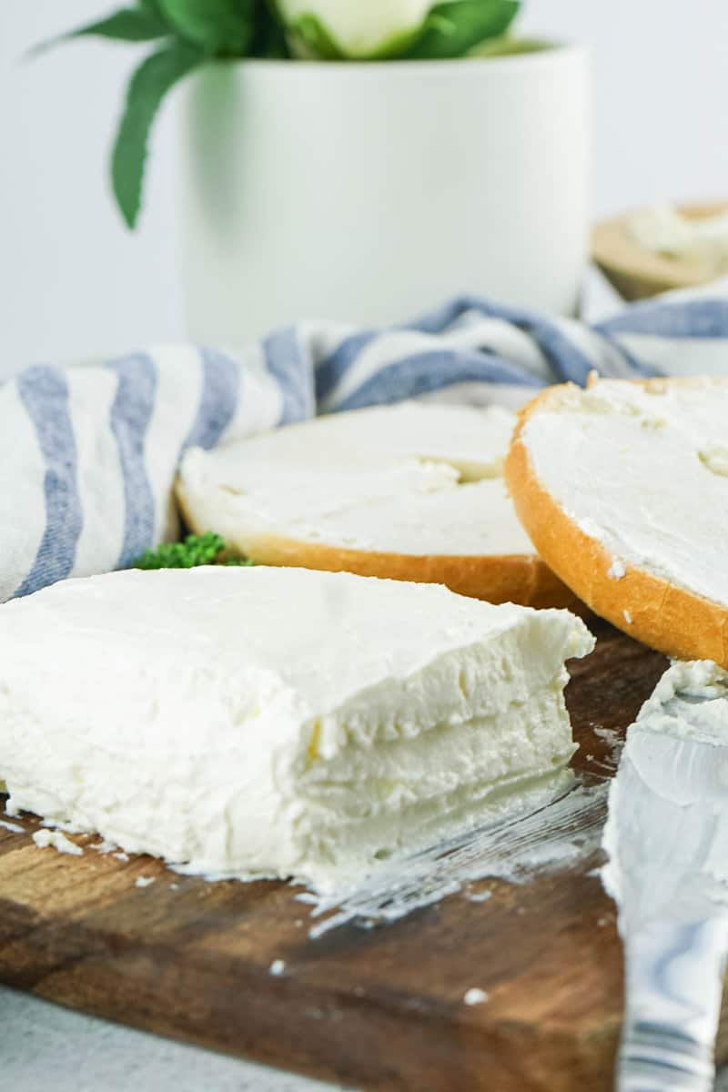 block of homemade cream cheese and bagels.