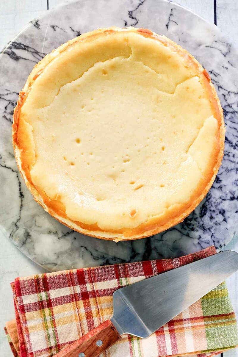 overhead view of copycat Lindy's New York cheesecake.