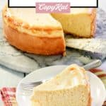 homemade Lindy's New York Cheesecake slice in front of the cheesecake.