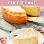 homemade Lindy's New York cheesecake slice and a fork on a plate.