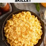 overhead view of homemade Grand Lux Cafe macaroni and cheese skillet dish.