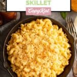 overhead view of Grand Lux Cafe macaroni and cheese skillet side dish.