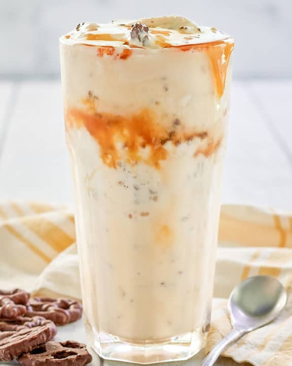 copycat McDonald's chocolate pretzel mcflurry, spoon, and chocolate pretzels.