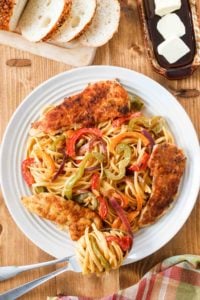 overhead view of copycat Olive Garden chicken scampi on a plate.