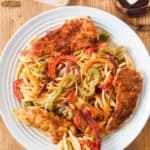 overhead view of homemade Olive Garden chicken scampi on a plate.