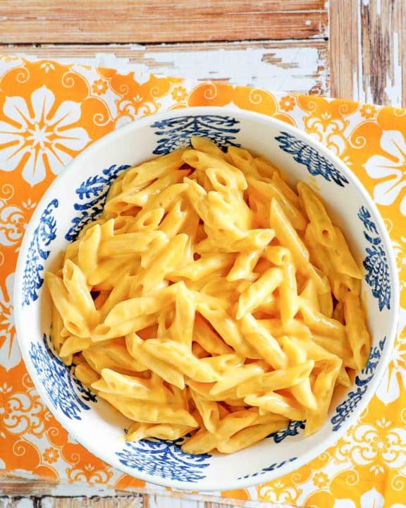 overhead view of copycat Outback mac and cheese in a bowl.