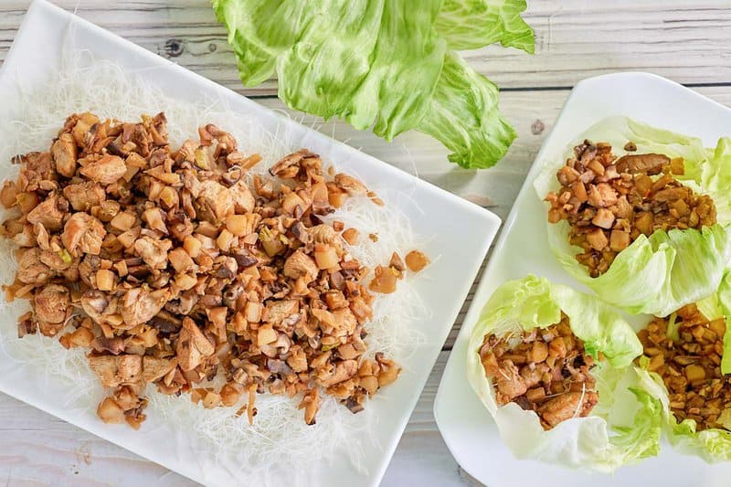 copycat PF Chang's chicken lettuce wraps filling and finished wraps.