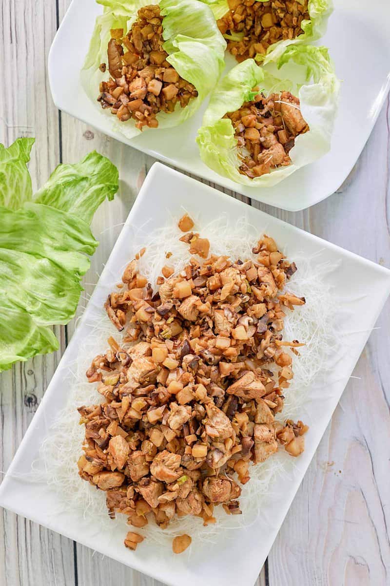 overhead view of copycat PF Chang's chicken lettuce wraps and filling.
