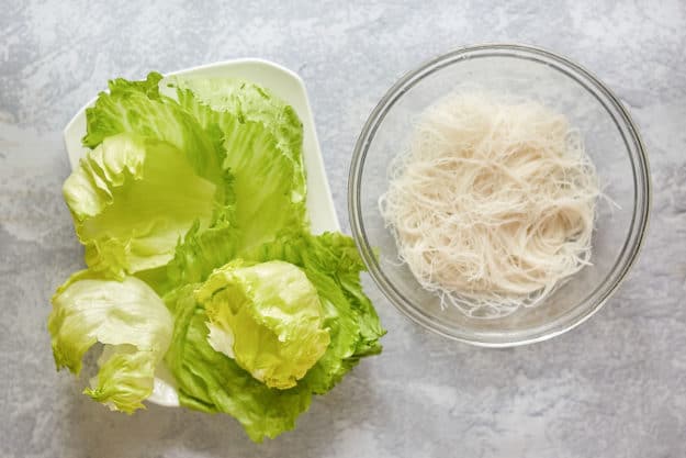 lettuce leaves and cellophane noodles.