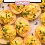 overhead view of smoked deviled eggs on a platter.