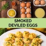 smoked deviled eggs ingredients and finished ones on a plate.