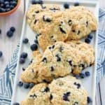 homemade Starbucks blueberry scones on a white platter.