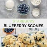 Starbucks blueberry scones ingredients and baked scones on a platter.