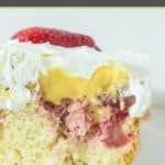 closeup of a slice of strawberry poke cake.