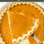 slice of sugar free pumpkin pie on a pie server.