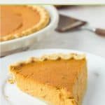 slice of sugar free pumpkin pie on a plate.