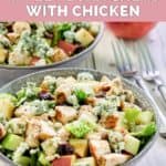 homemade apple pecan salad with chicken and forks.