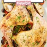 overhead view of two baked chicken leg quarters and vegetables.