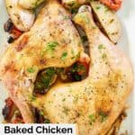 overhead view of baked chicken leg quarters and vegetables.