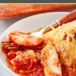 closeup of baked chicken parmesan and a fork on a plate.