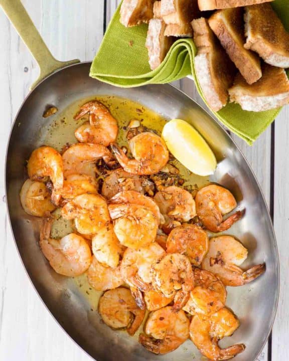 overhead view of copycat Bubba Gump shrimp in a skillet.