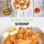 Bubba Gump shrimp ingredients and the shrimp cooked in a pan.